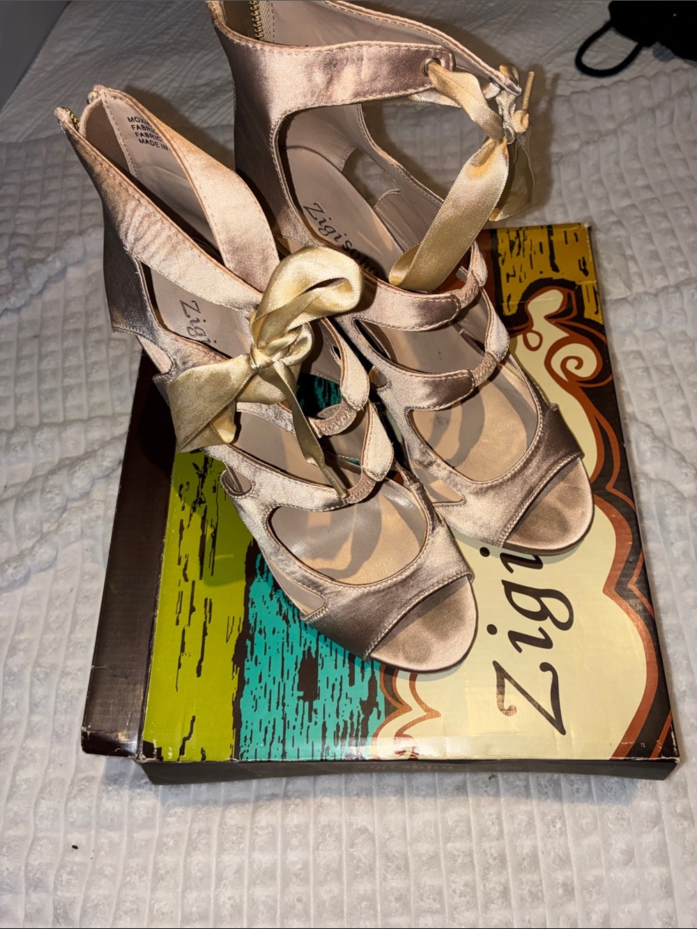 Zigi Soho Satin Lace-Up Peep Toe Heels in Champagne Gold